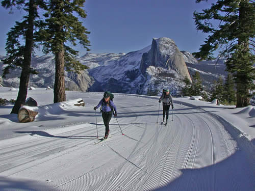 Yosemite-Glacier Point Road Cross Country Skiers and Half Dome