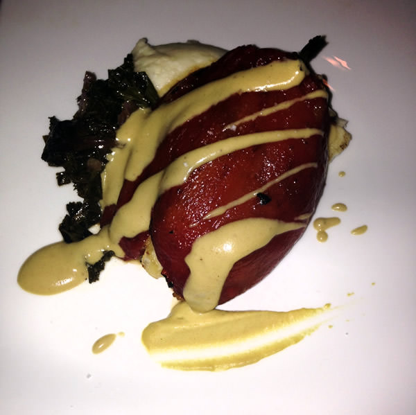 Stuffed Roasted Bell Pepper with a potato purée braised kale Boursin cheese and juniper mustard cream