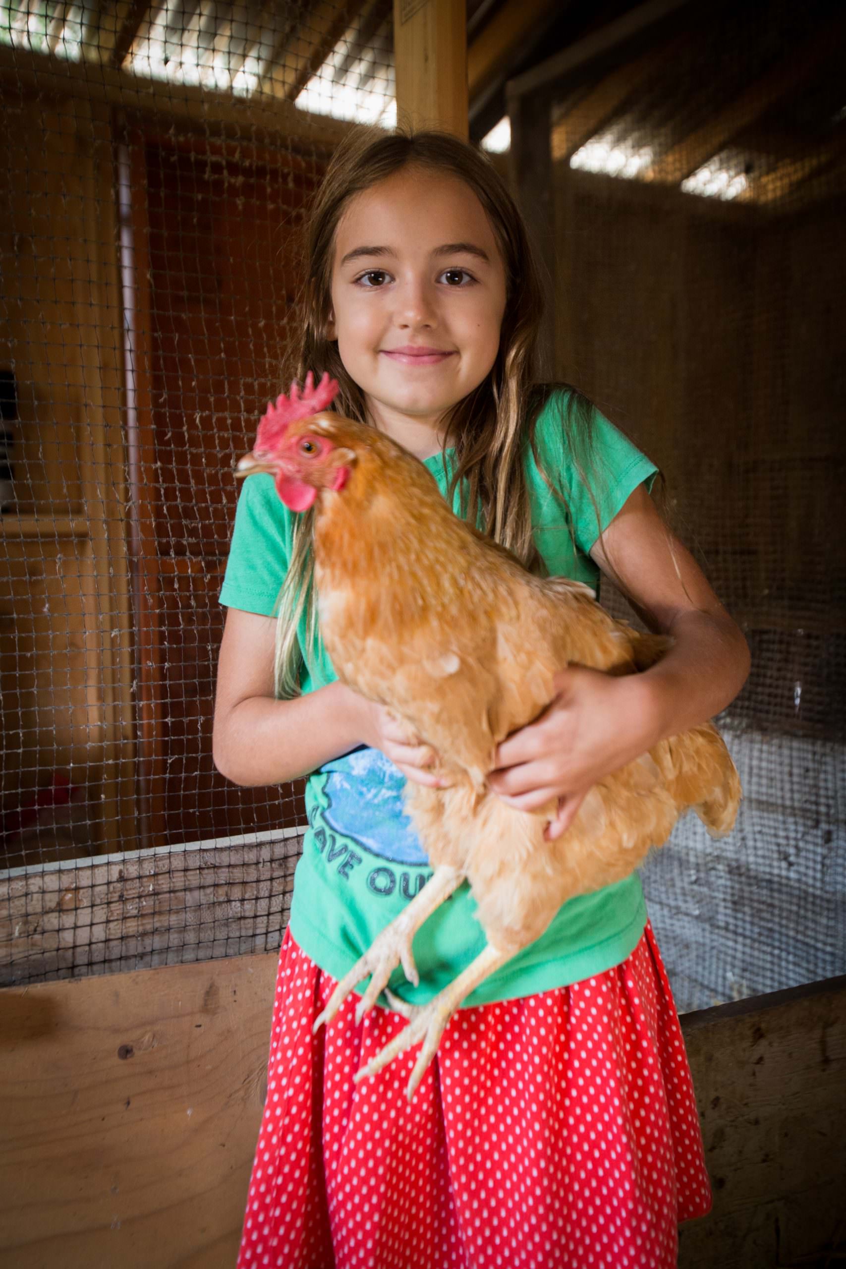 Nicks Cove Farm Girl and chicken at The Croft at Nicks Cove credit Mike Norquist