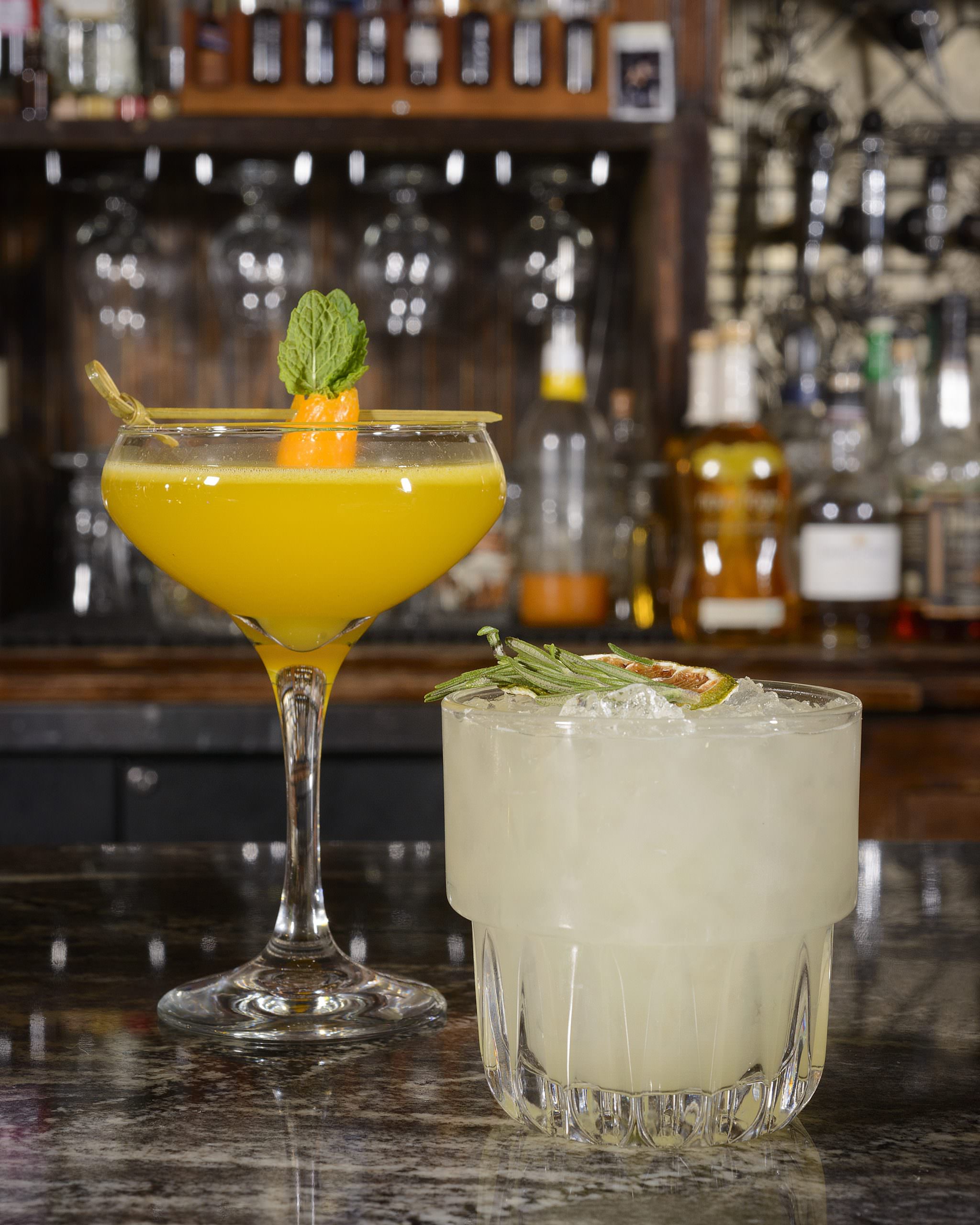 From left, the Silly Wabbit and the Lazy Daisy are CBD cocktails now available at 1864 Tavern appearing on the bar