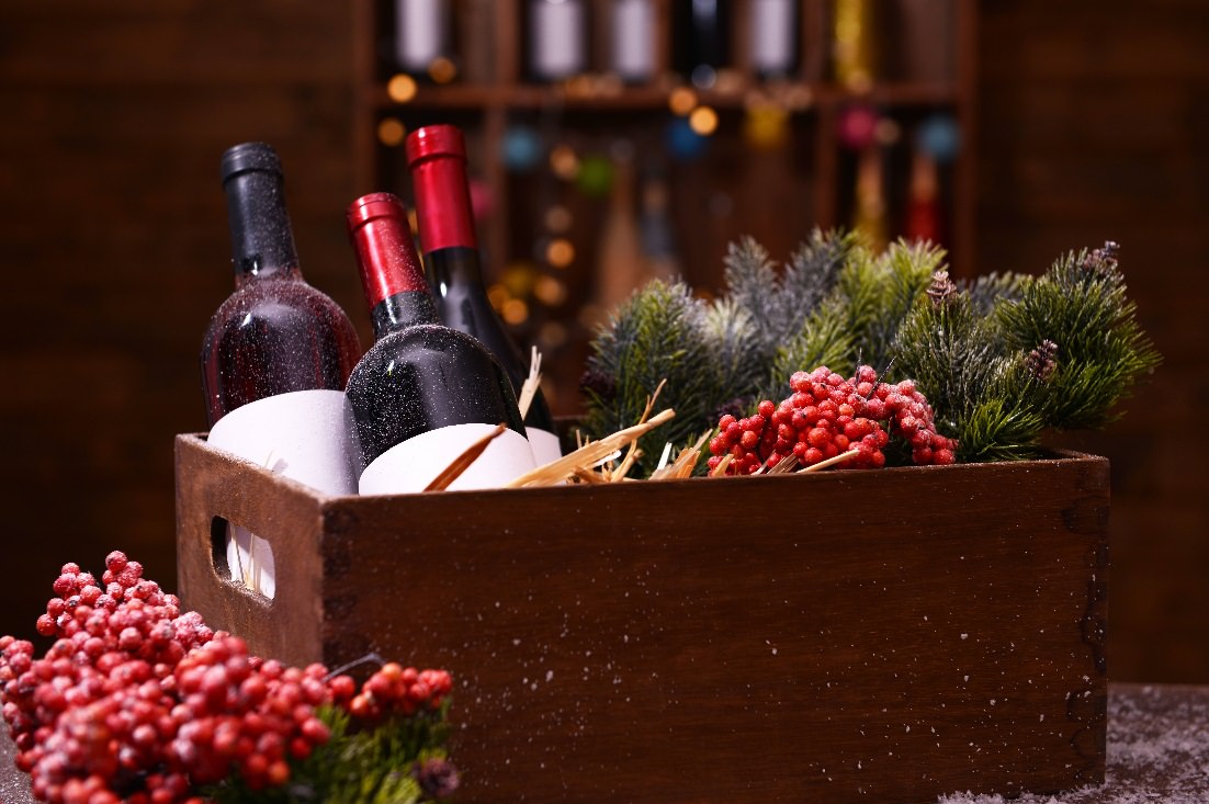 Holiday Wine Gifts in a wooden basket