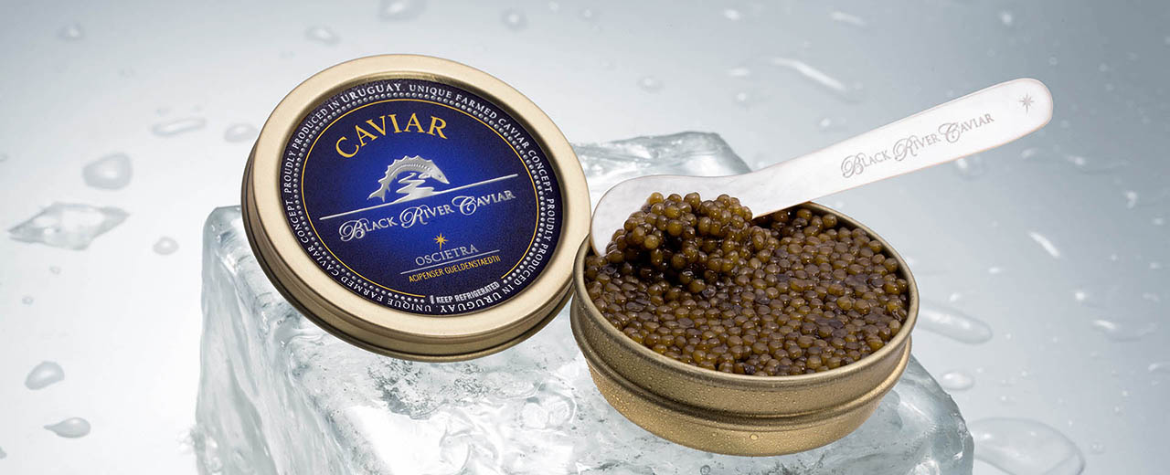 oscietra caviar in an open dish with a spoon on ice