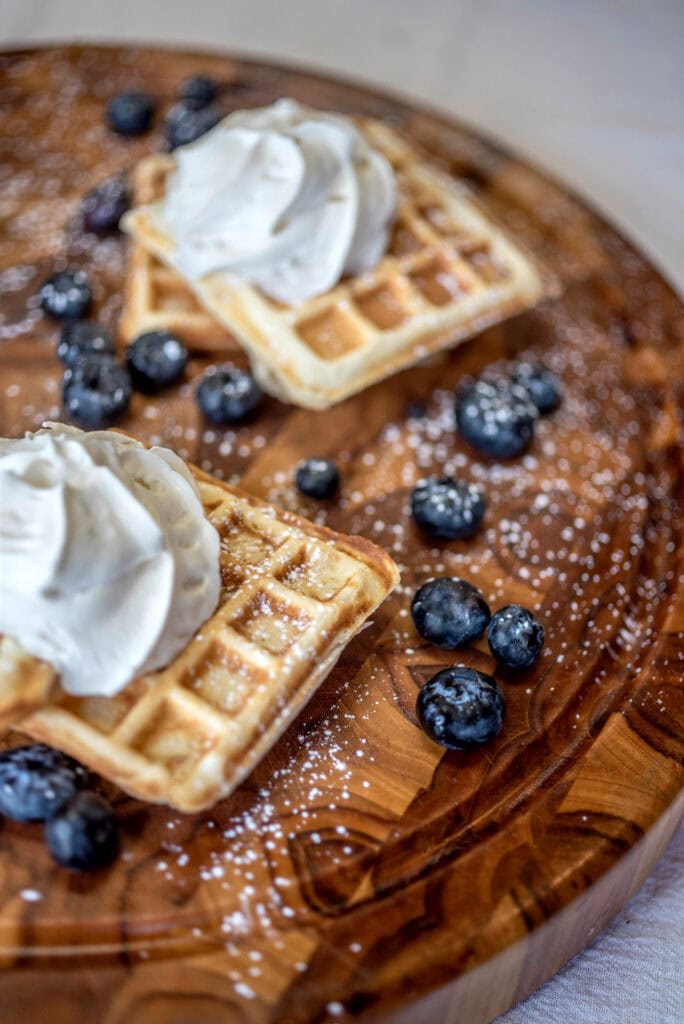 Buttermilk waffles with blueberries and cream at Nothing To It! Culinary Center in Reno. Photo by Candice Vivien