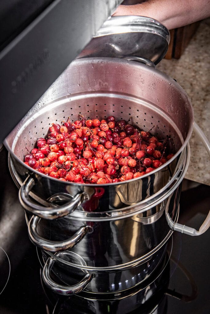 She then transfers crab apples to a stainless-steel fruit juice steamer