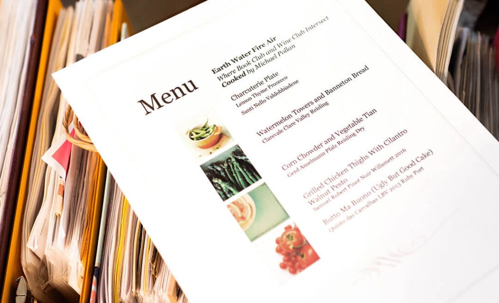 The club meets for wine and meals monthly, with the host planning the theme and menu. This menu will be added to the journals below it