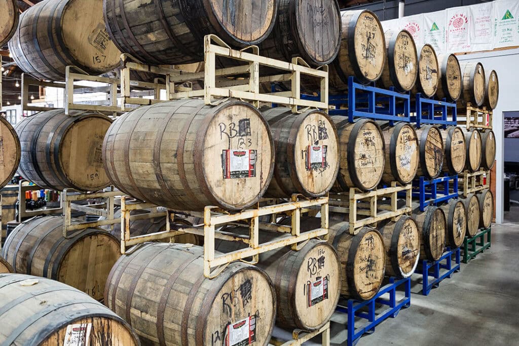 Beers barrel aging at Revisionโs Sparks facility
