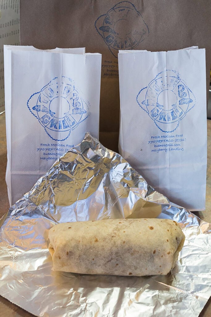 Breakfast Burrito at Buenos Grill ready to be wrapped in eco-friendly aluminum foil
