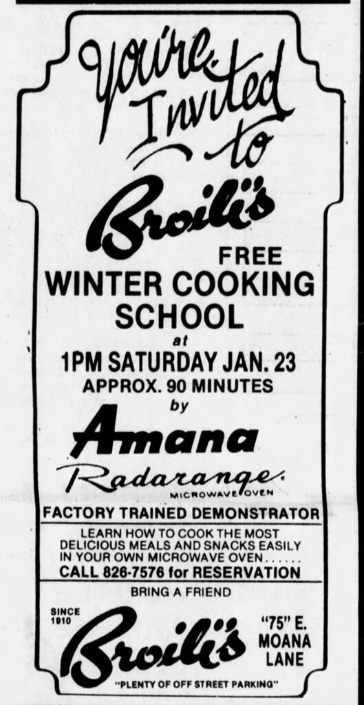 An ad for a Reno store, Broiliโs, sponsoring a free cooking session for microwave ovens
