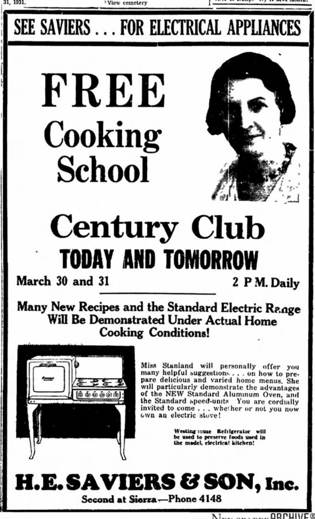 Ad for a Reno store, H.E. Saviers & Son, Inc., promoting a free cooking school sponsored by an early electric range company