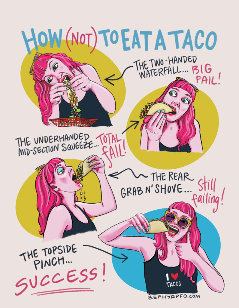 Summer 2022 · How (Not) To Eat a Taco · Illustration by Zephyr Pfotenhauer