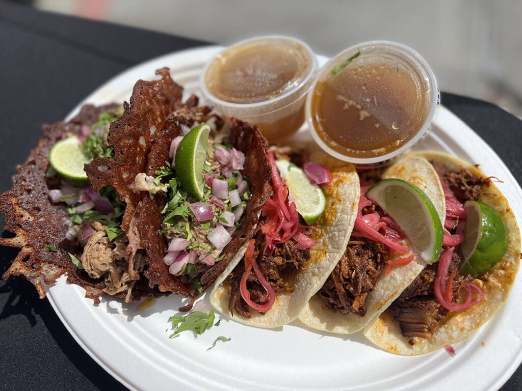 Carne asada in cheese shells and cochinita pibil in corn tortillas at Daddy’s Tacos NV. Photo by Jaci Goodman