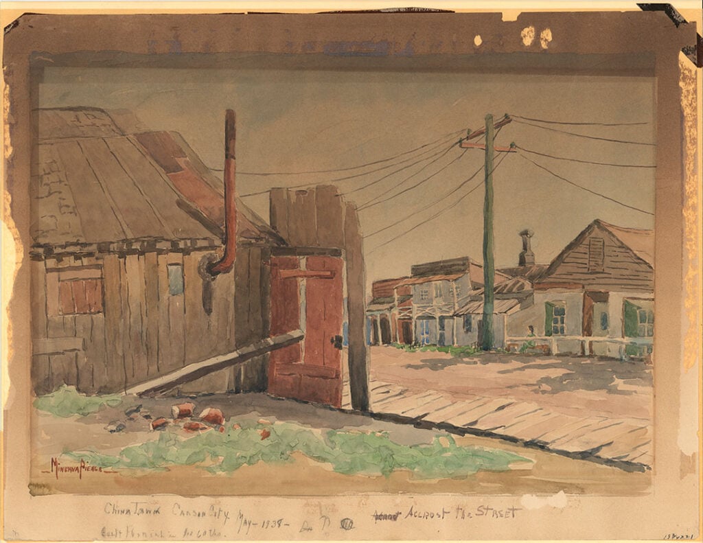 Minerva Pierce, Chinatown, Carson City, 1938, Watercolor on paper, 16x12 inches, collection of the Nevada Museum of Art, gift of Dr. James R. Herz family