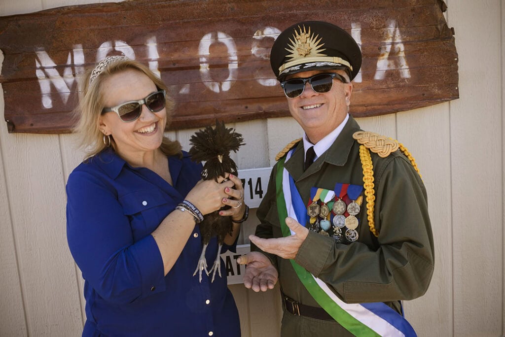 First Lady Madame Adrianne Baugh, Raïs Kevin Baugh, and the First Chicken of Molossia