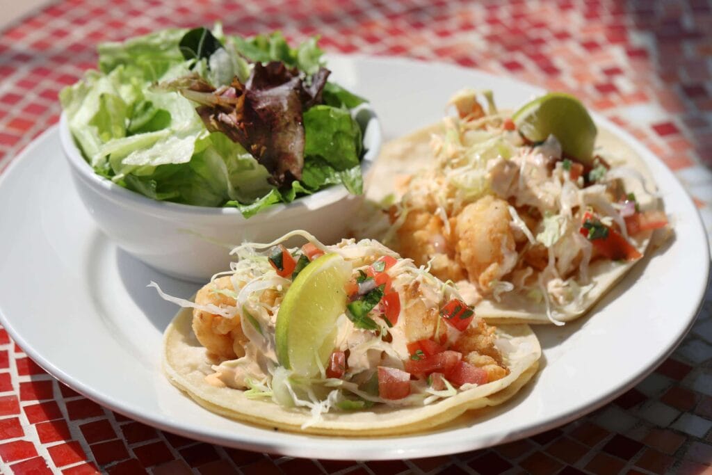 Crispy shrimp tacos and salad
