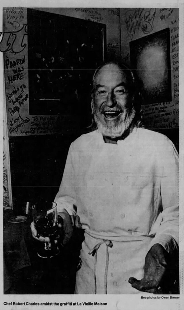 This photo of a welcoming Charles, with the restaurant’s graffiti background, appeared in The Sacramento Bee, Sept. 10, 1981. Photo courtesy of Newspapers. com