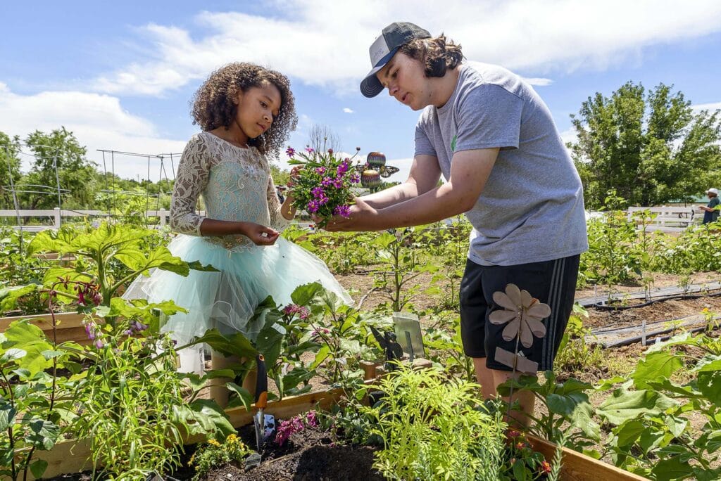 4-H Youth Pollinator Ambassador Cooper Mills, 14, helps Isabella Navarro, 8, plant fresh daisies in the pollinator flower bed at the Rancho San Rafael Regional Park master gardener pollinator event on June 24