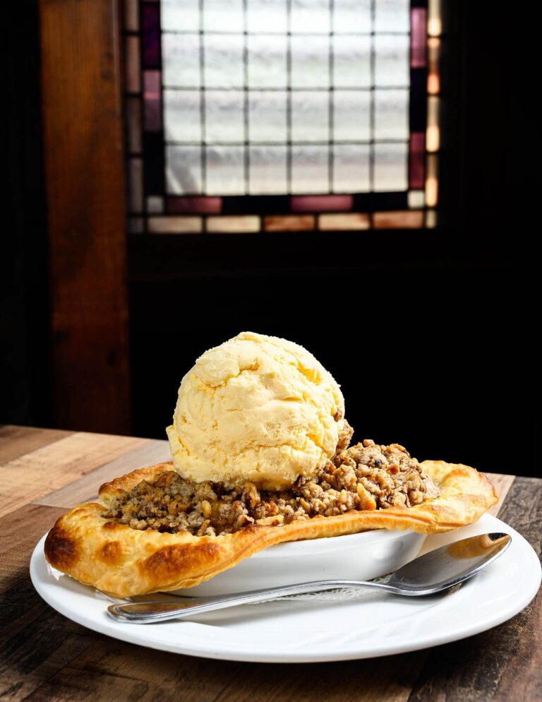 The Fox Brewery & Pub’s fruit cobbler can be filled with any fruit, such as the peach in this version. Photo by Mike Higdon