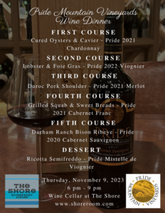 Pride Mountain Vineyard Wine Dinner Menu