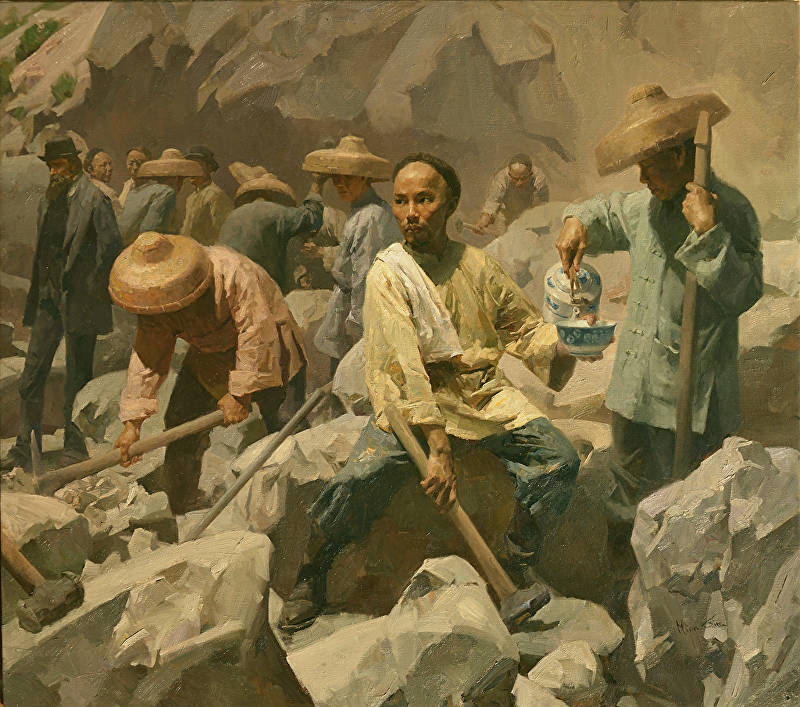 Mian Situ’s painting realistically recreates tea being brought to the Chinese railroad workers in 1866. Painting courtesy of the artist, Mian Situ