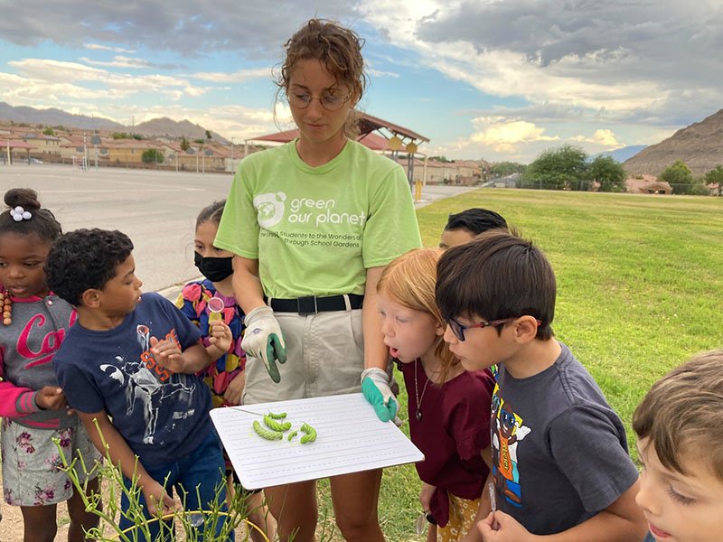 A Green Our Planet farmer teaches second-graders at Eileen Conners Elementary School in Las Vegas about hornworms they found in the school’s garden. Photo courtesy of Green Our Planet