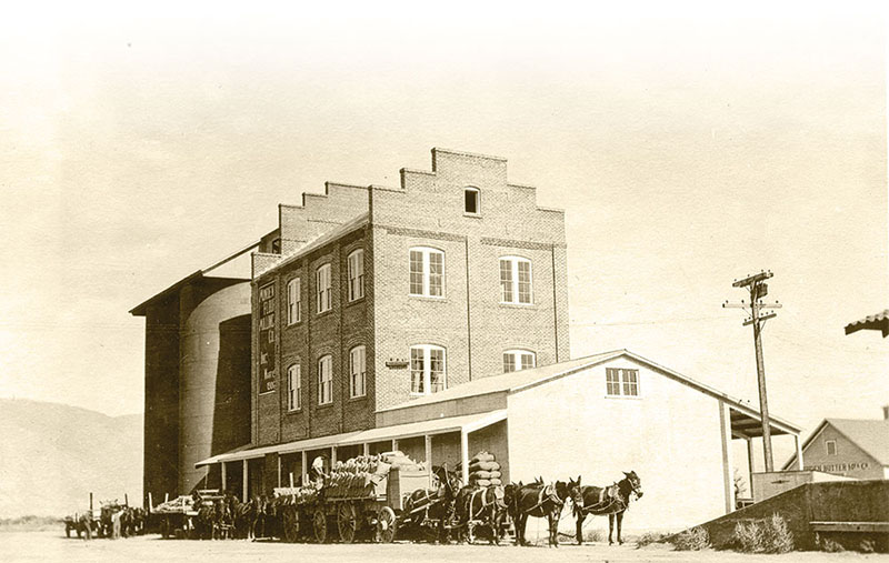 A 1910 view of the Minden Flour Milling Co., looking north, when the roads still were dirt. Three teams of horses with wagons are piled with full sacks of wheat. Photo courtesy of the Dangberg Home Ranch Historic Park