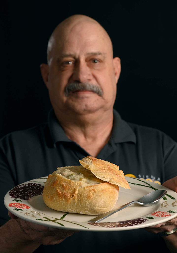 Chef Scott Lee recommends serving his popular clam chowder in a sourdough bowl