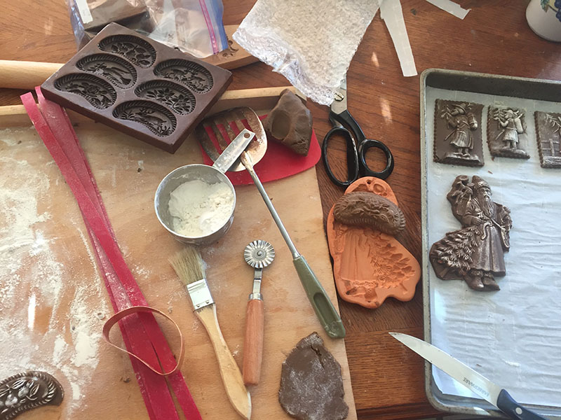 Tools for cookie-baking days, including molds for traditional German cookies