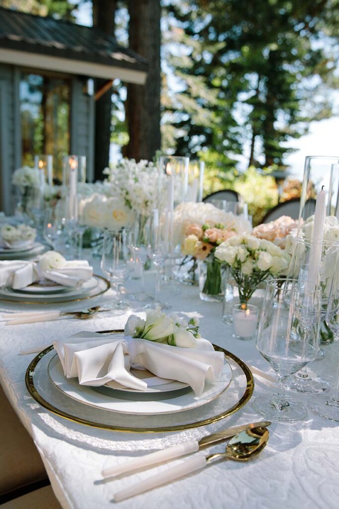 Table at reception for Summer Rush and Kevin Deitz at a private estate. Catering by Blend Catering Reno. Florals by Flourish NV. Planning by Once Upon a Time Events. Photo by Courtney Aaron