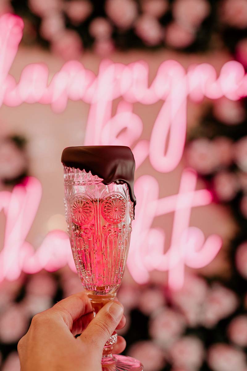 A chocolate-rimmed Champagne glass at Champagne & Chocolate