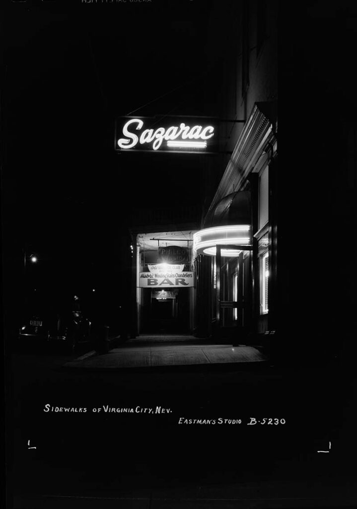 This atmospheric photo by Eastman’s Studio shows the saloon in the former bank location. Photo courtesy of Western Nevada Historic Photo Collection