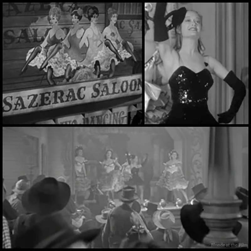 Collage from the 1940 film Virginia City, featuring Sazerac Saloon, and actors Errol Flynn and Humphrey Bogart. Unfortunately, the movie was shot in Arizona. It received a gala premiere in Reno and Virginia City. Photo courtesy of The Blonde at the Film