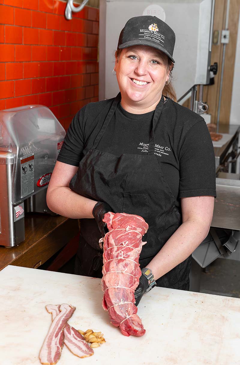 Shelbe Seay, owner of Momma’s Meat Co. in Fallon, presents a tri-tip roast. Photo by Olga Miller