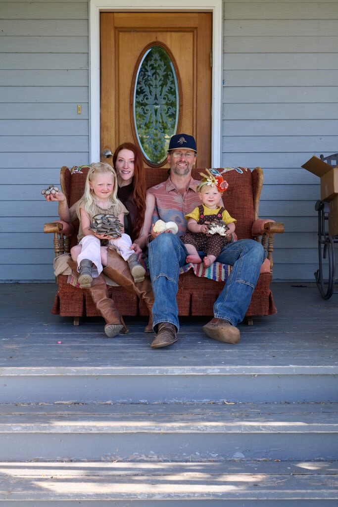 Rachel Jessee with her life and business partner, Nate Rosenbloom, and their two children, Ona and Tatum, at their farm in North Reno. Photo by Shea Evans
