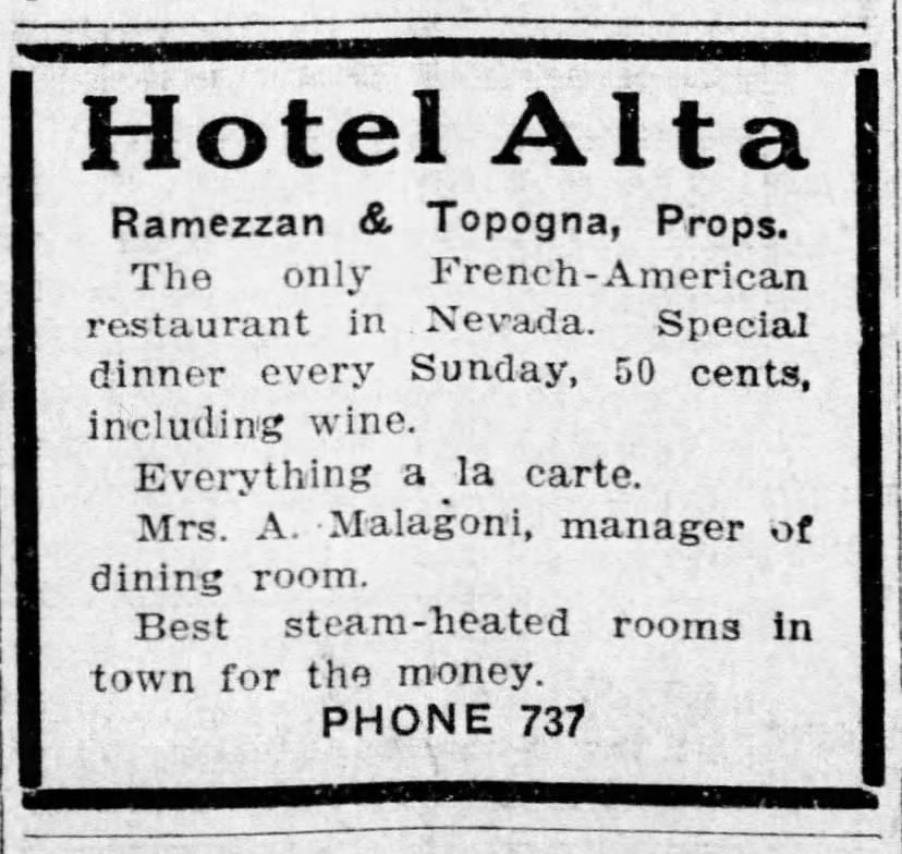 The Hotel Alta was an early entry into the French dining scene in Reno. Ad is from the May 10, 1910, Reno Evening Gazette newspaper. Photo courtesy of Newspapers.com