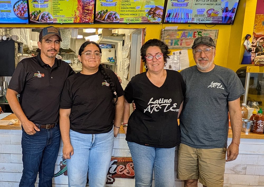 From left, Pinches Tacos owner Adolfo Reyes and his daughter, Camila, alongside AnnaMaria Cavallone and Mario DelaRosa, cofounders and leaders of Latino Arte and Culture