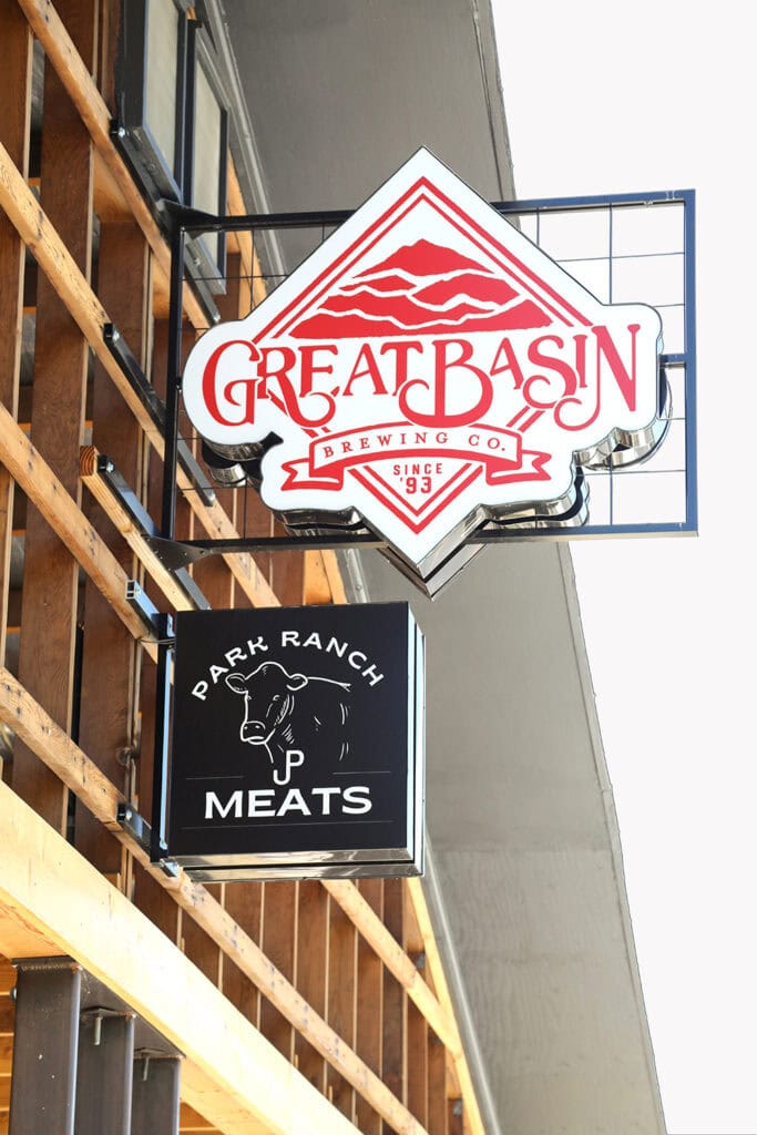 Exterior signage at Great Basin Brewing Co. and Park Ranch Meats in Minden