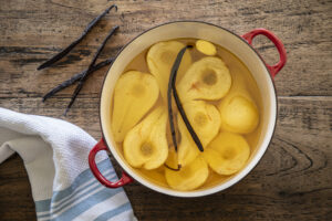 Pears in White Wine with Saffron. Photo by Patrick Tregenza