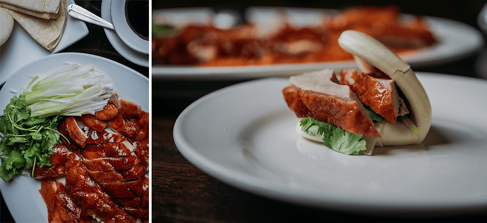 At Kwok’s Bistro, a chef slices the cooked Peking duck. The duck meat is served both in pancakes with julienned vegetables and herbs and sliced with its crispy skin on, on a platter with scallions and cilantro