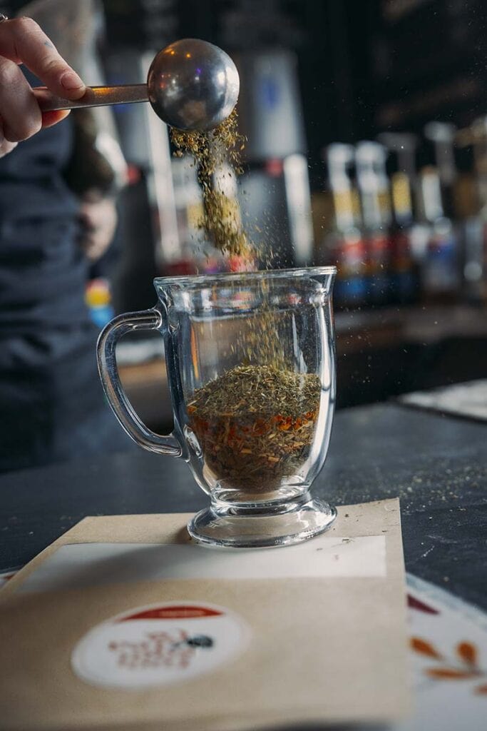 An inflammation elixir, which contains turmeric, tulsi, dandelion, chickweed, licorice root, sarsaparilla, and alfalfa