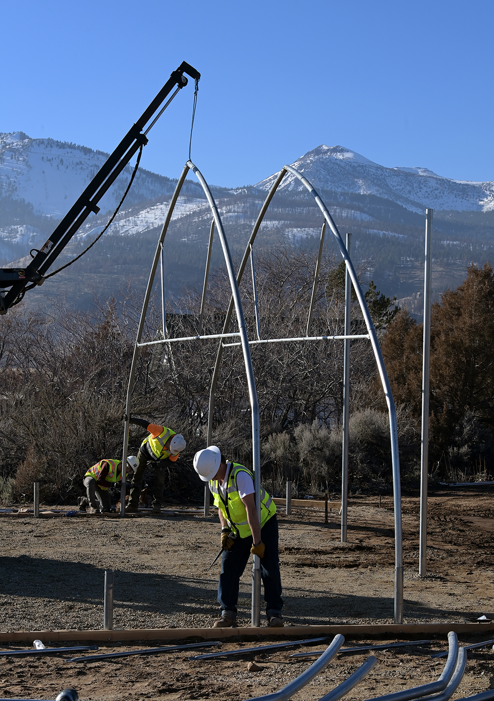 Thriving Roots employees bolt the arches for a greenhouse the company is building for the U.S. Forest Service in Washoe Valley; Gerhart stands in front of his own greenhouse