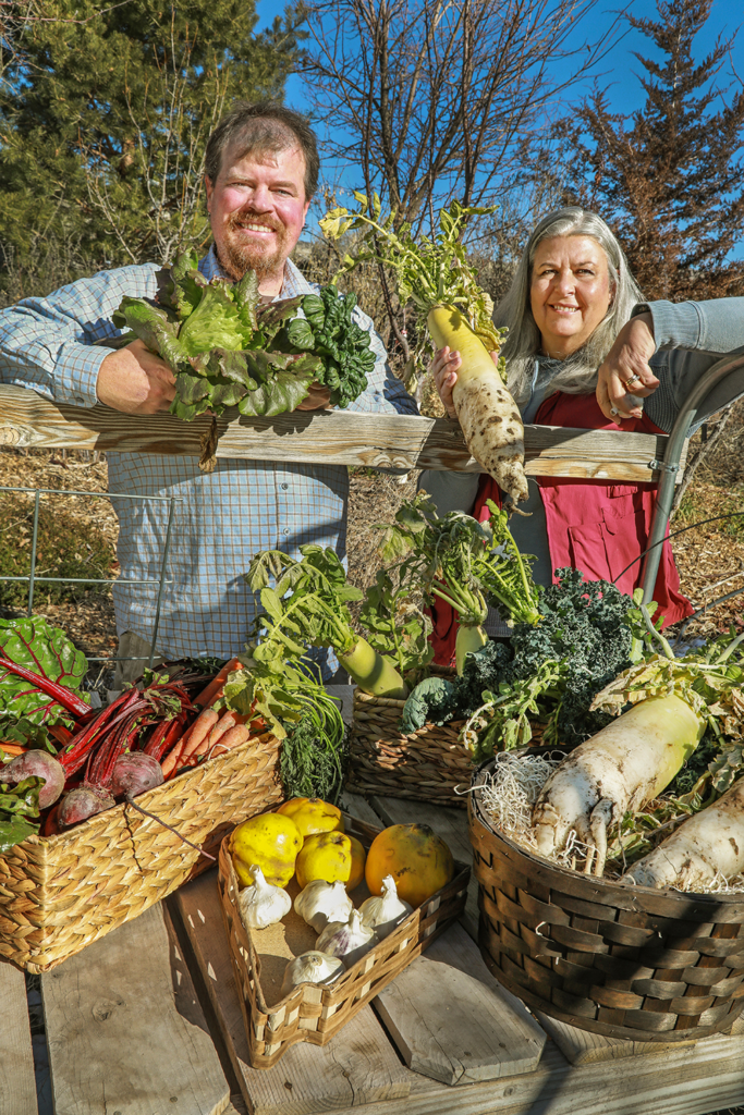 At Bertrandoโs north Reno home, he holds Pablo Buttercrunch lettuce and tatsoi, and Stacy Fisk displays a daikon radish with an assortment of fruits and vegetables, including Smyrna and Kaunching Quince, softneck garlic, beets, carrots, Swiss chard, and curly leaf kale. Photo by Lou Manna